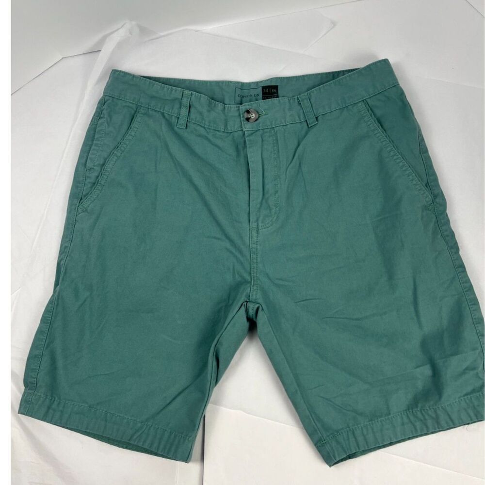 Cotton On Mens Chino Shorts 100% Cotton Teal Green Size 34 Flat Front Casual